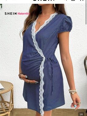 SHEIN Navy Polka Dot Lace-Trim Wrap Maternity Dress